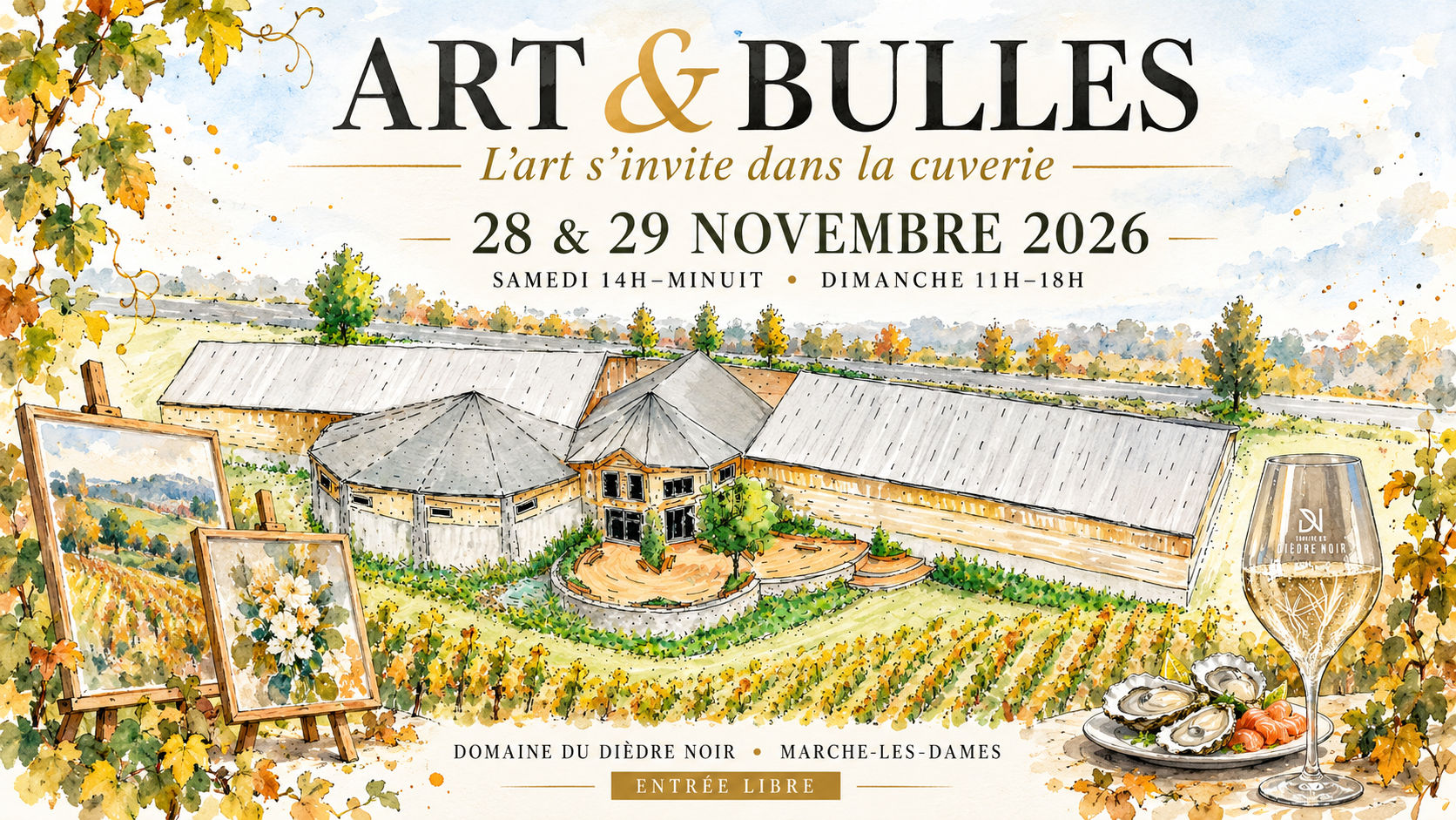 Illustration à l’aquarelle du Domaine du Dièdre Noir, lieu de l’événement Art et Bulles